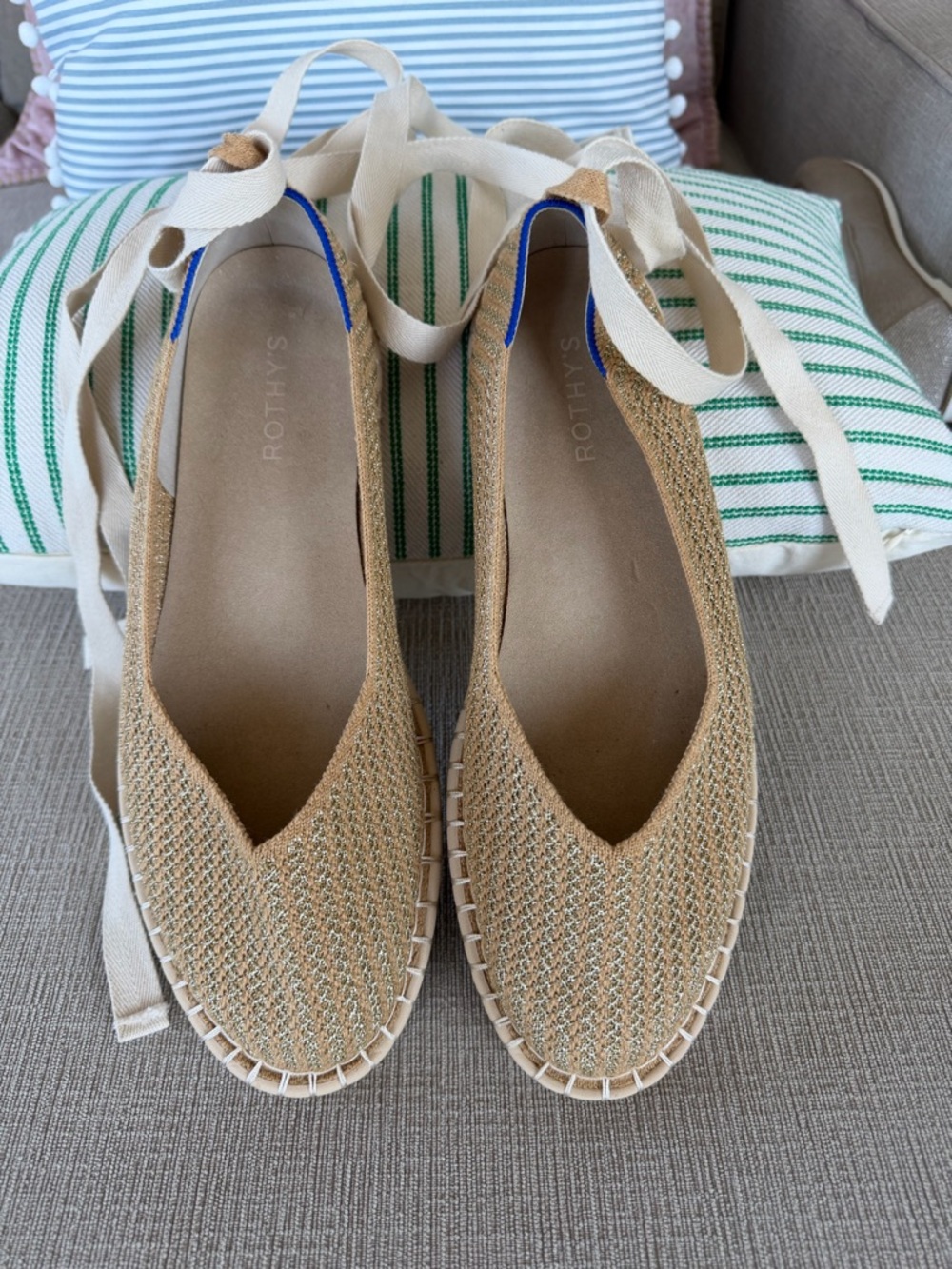Rothy's “The Espadrille” with Ankle Ties in color Gold Stripe